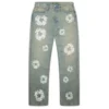 Baggy Denim jeansbyxor med nitar och Cotton Wreath-mönster, smutsig tvätt