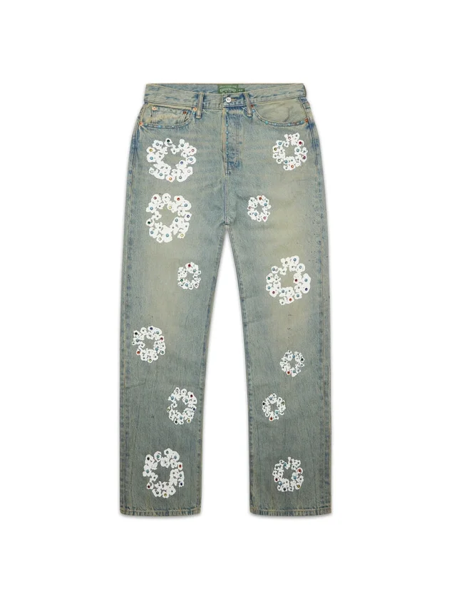 Baggy Denim jeansbyxor med nitar och Cotton Wreath-mönster, smutsig tvätt