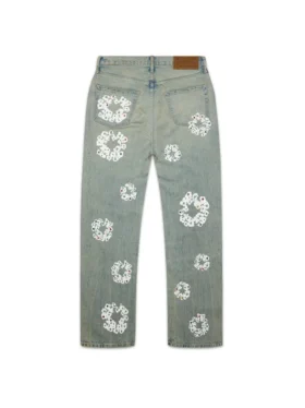 Baggy Denim jeansbyxor med nitar och Cotton Wreath-mönster, smutsig tvätt