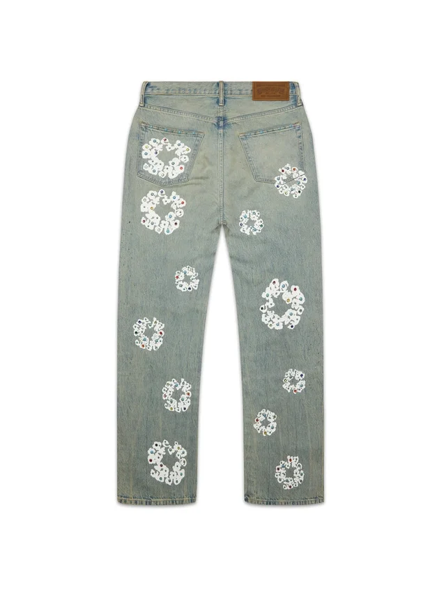 Baggy Denim jeansbyxor med nitar och Cotton Wreath-mönster, smutsig tvätt