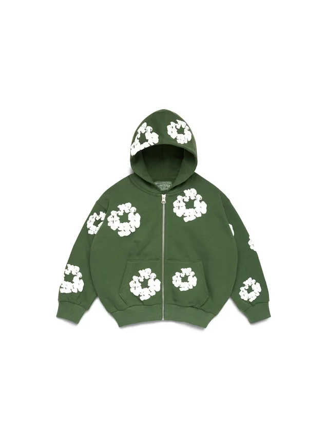Cotton Wreath Hoodie i bomull med kransmönster och dragkedja, grön