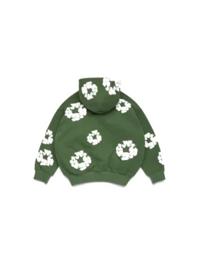 Cotton Wreath Hoodie i bomull med kransmönster och dragkedja, grön