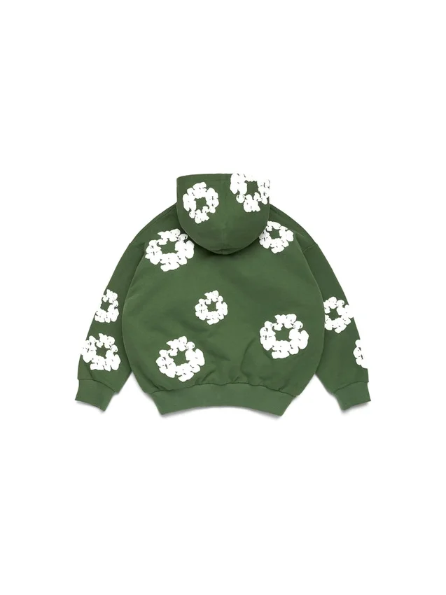 Cotton Wreath Hoodie i bomull med kransmönster och dragkedja, grön