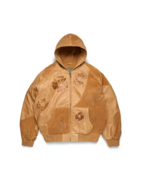 Cotton Wreath Hoodie i patchwork av läder/mocka och bomull med kransmönster, brun