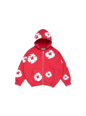 Cotton Wreath Hoodie med dragkedja och bomullsblommor, röd