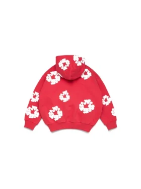 Cotton Wreath Hoodie med dragkedja och bomullsblommor, röd