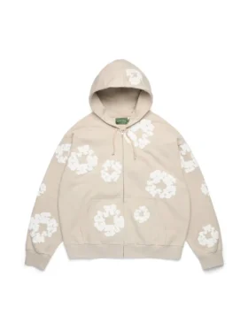 Cotton Wreath Hoodie med dragkedja och bomullskrans, krämfärgad
