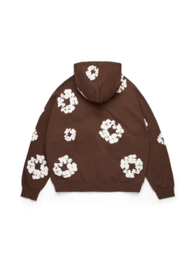 Cotton Wreath Hoodie med dragkedja och bomullskransmönster, mörkbrun