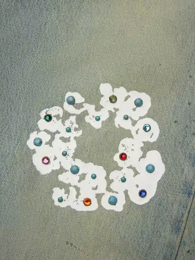 Baggy Denim jeansbyxor med nitar och Cotton Wreath-mönster, smutsig tvätt