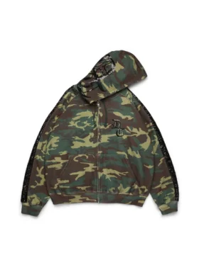 Hoodie med dragkedja och paljettpaneler på ärmarna, kamouflage