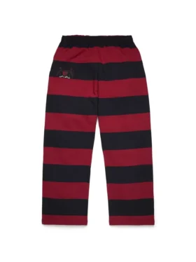 Randiga sweatpants med öppen nederkant och emblem, röd/marinblå