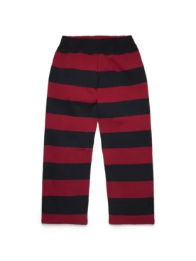 Randiga sweatpants med öppen nederkant och emblem, röd/marinblå